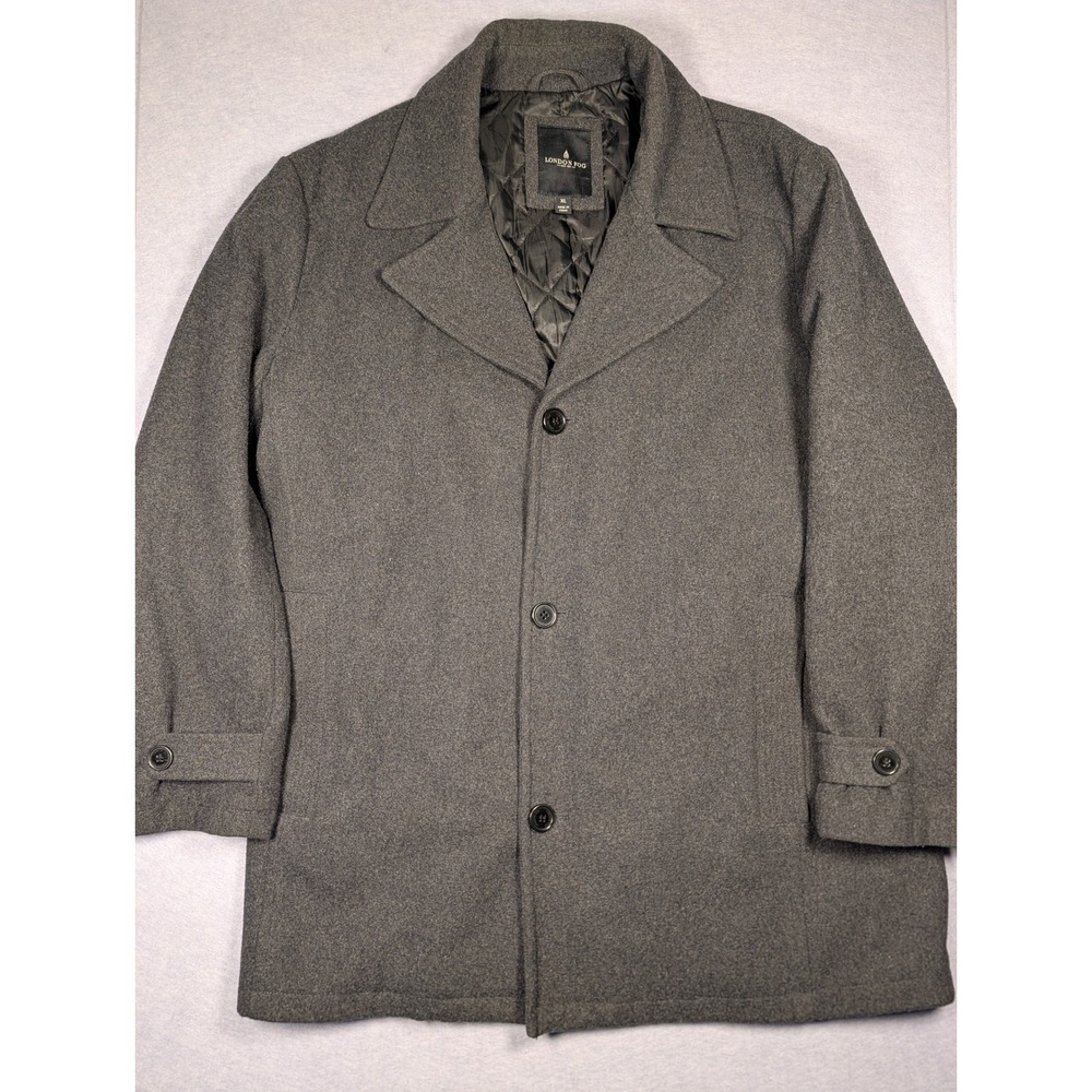 London Fog Car Coat Mens XL Gray Wool Blend Quilted Lined Peacoat Excellent